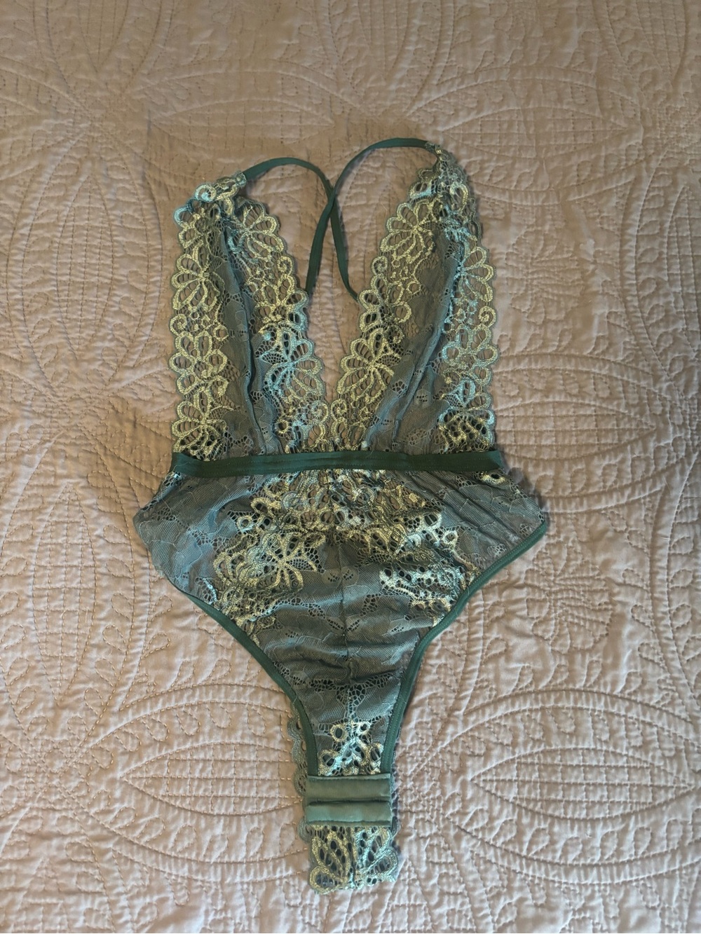 Lace Plunge Teddy Bodysuit in Sage Green
